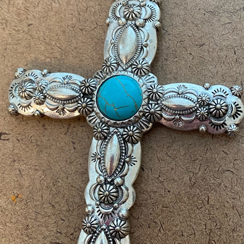 Cross pendant on gray triple strand beads